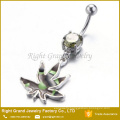 Surgical Steel Camouflage Style Pot Leaf Enamel Cubic Zirconia Belly Bar Navel Ring